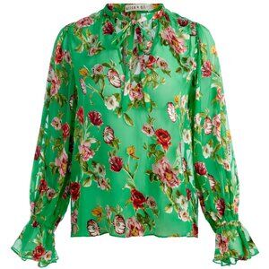 Alice + Olivia Moranne Floral Blouse Top, Green Multi, Size Large (L)